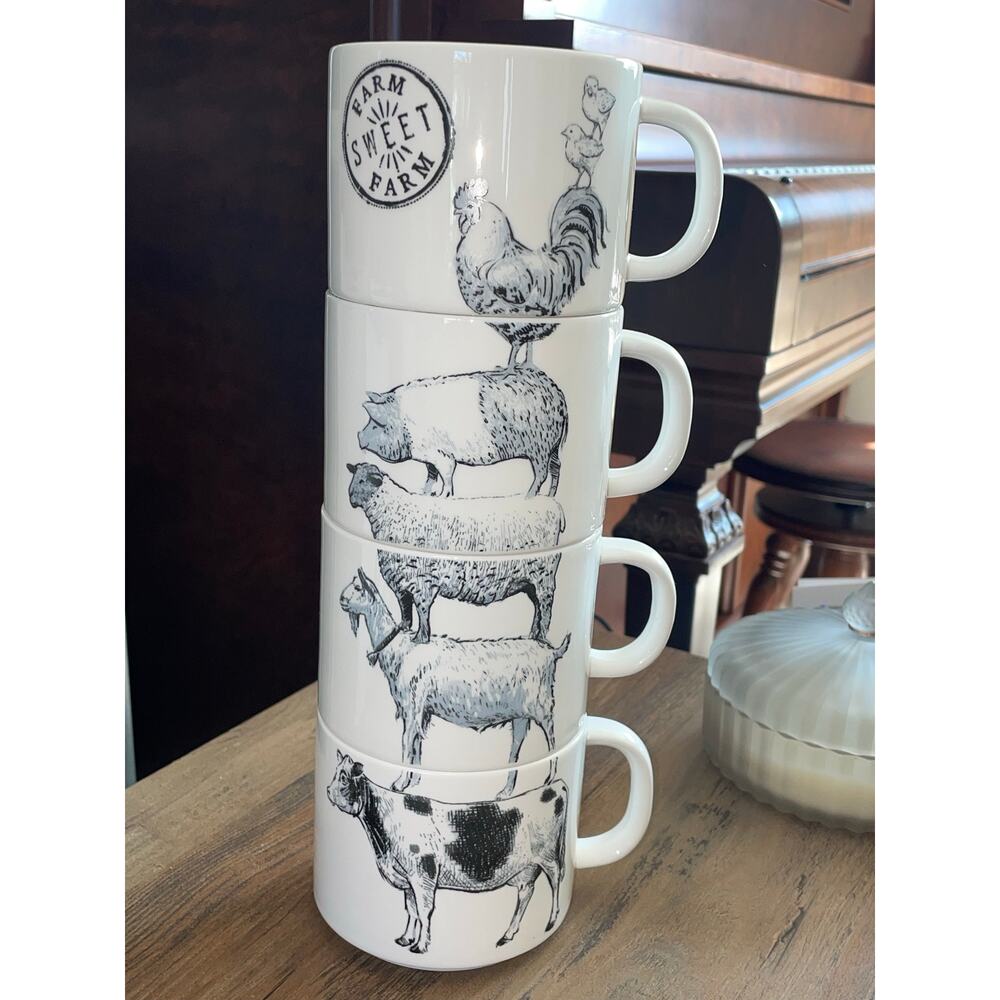 Rare Creative Co-Op Stacking Farm Animal Mugs Full Set of 4 Chad Barrett Design